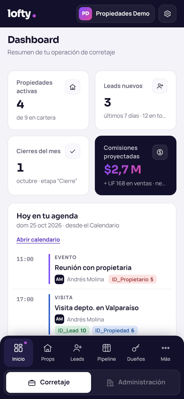 Dashboard de corretaje en el celular