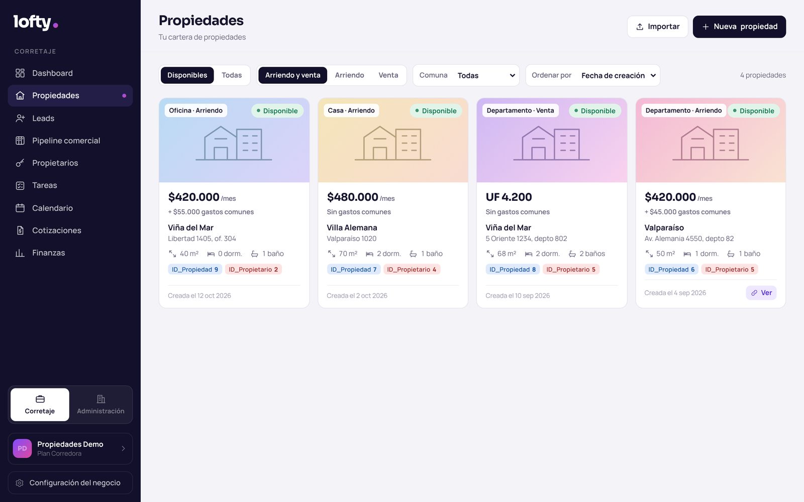 Listado de propiedades disponibles en Lofty